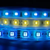 stock photo bobbin roll glowing led strip lighting placed table blue warm